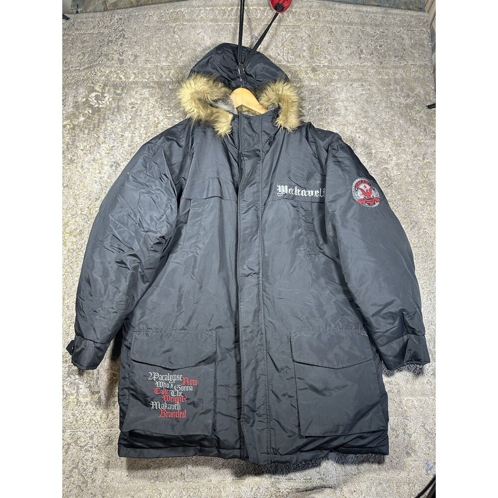Vintage Makaveli Branded Tupac 2Pacalypse Now Puffer Parka Jacket Black XL